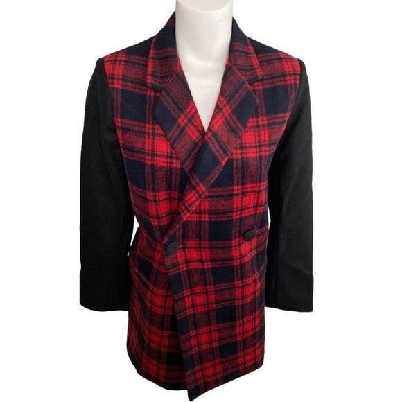 GAP Double-Breasted Peacoat Women's MEDIUM Black Red Buffalo Plaid‎ Pockets NEW - Picture 4 of 9